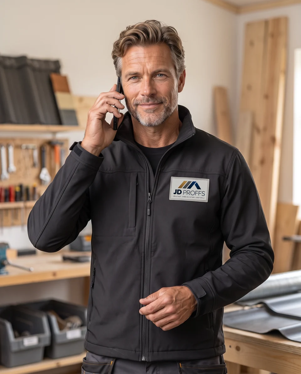 Håkan, JD Proffs AI-genererade karaktär, talar i mobiltelefon i arbetsjacka med företagets logotyp.